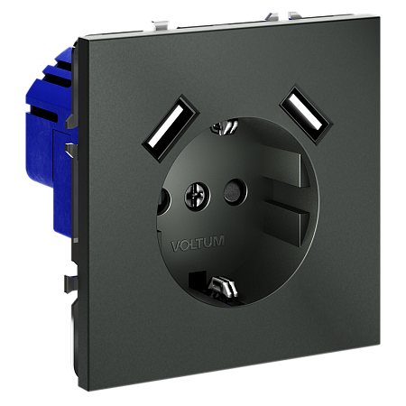 Розетка встраиваемая VOLTUM S70 с заземлением и защитными шторками, с USB, A+A, (титан) VLS040406