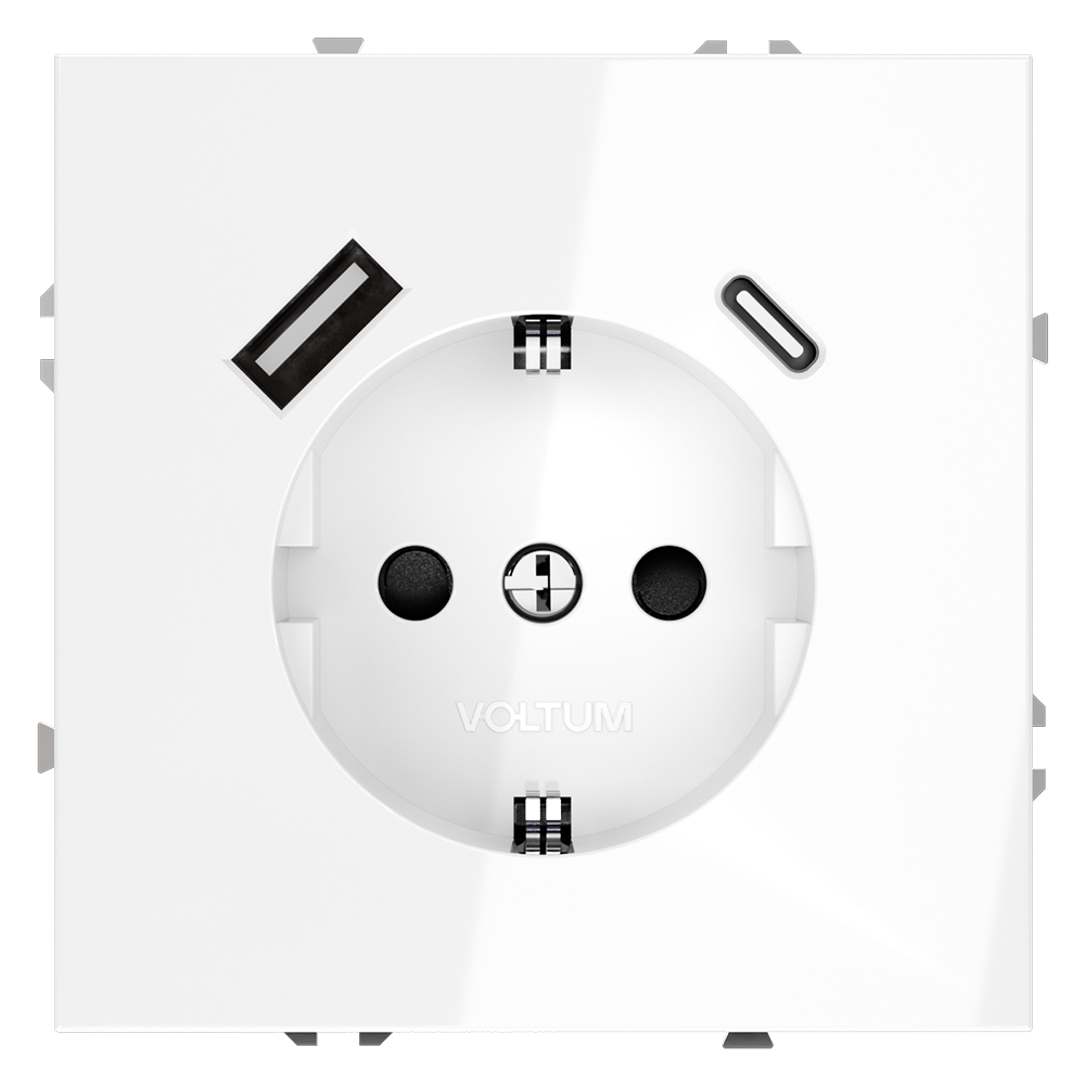 Розетка встраиваемая VOLTUM S70 с заземлением и защитными шторками, с USB, A+С, (белый глянцевы VLS040501