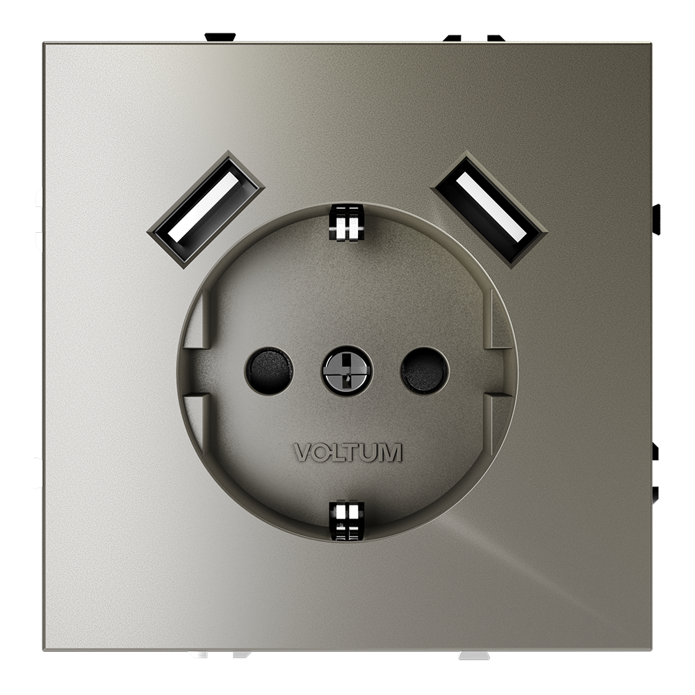 Розетка встраиваемая VOLTUM S70 с заземлением и защитными шторками, с USB, A+A, (шелк) VLS040404
