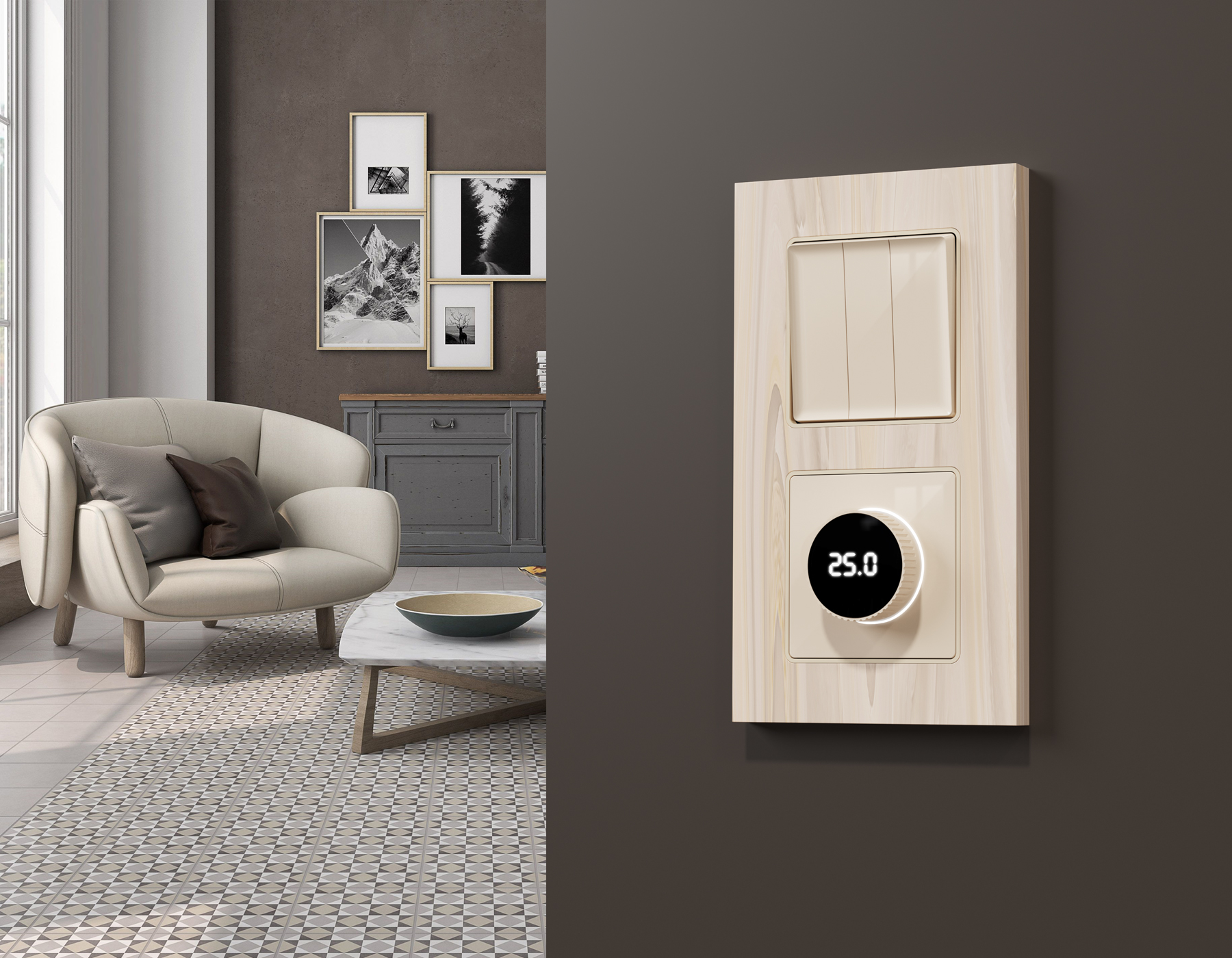 Комплект механизма терморегулятора с цифровым дисплеем с подсветкой и датчиком для теплого пола 16A-250V Ambrella Volt Alfa MA305810