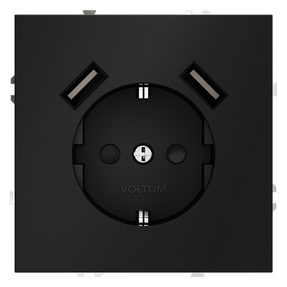 Розетка встраиваемая VOLTUM S70 с заземлением и защитными шторками, с USB, A+A, (черный матовый VLS040408