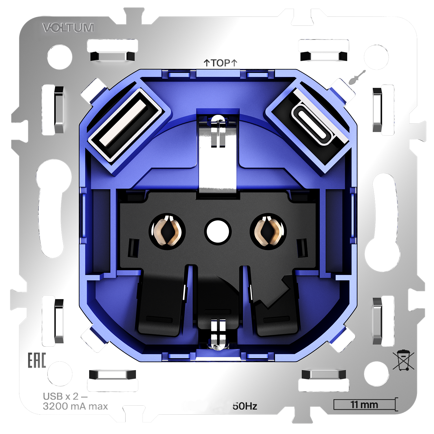 Механизм розетки с заземлением и защитными шторками 16А, с USB A+C Voltum S70 VLS0405M