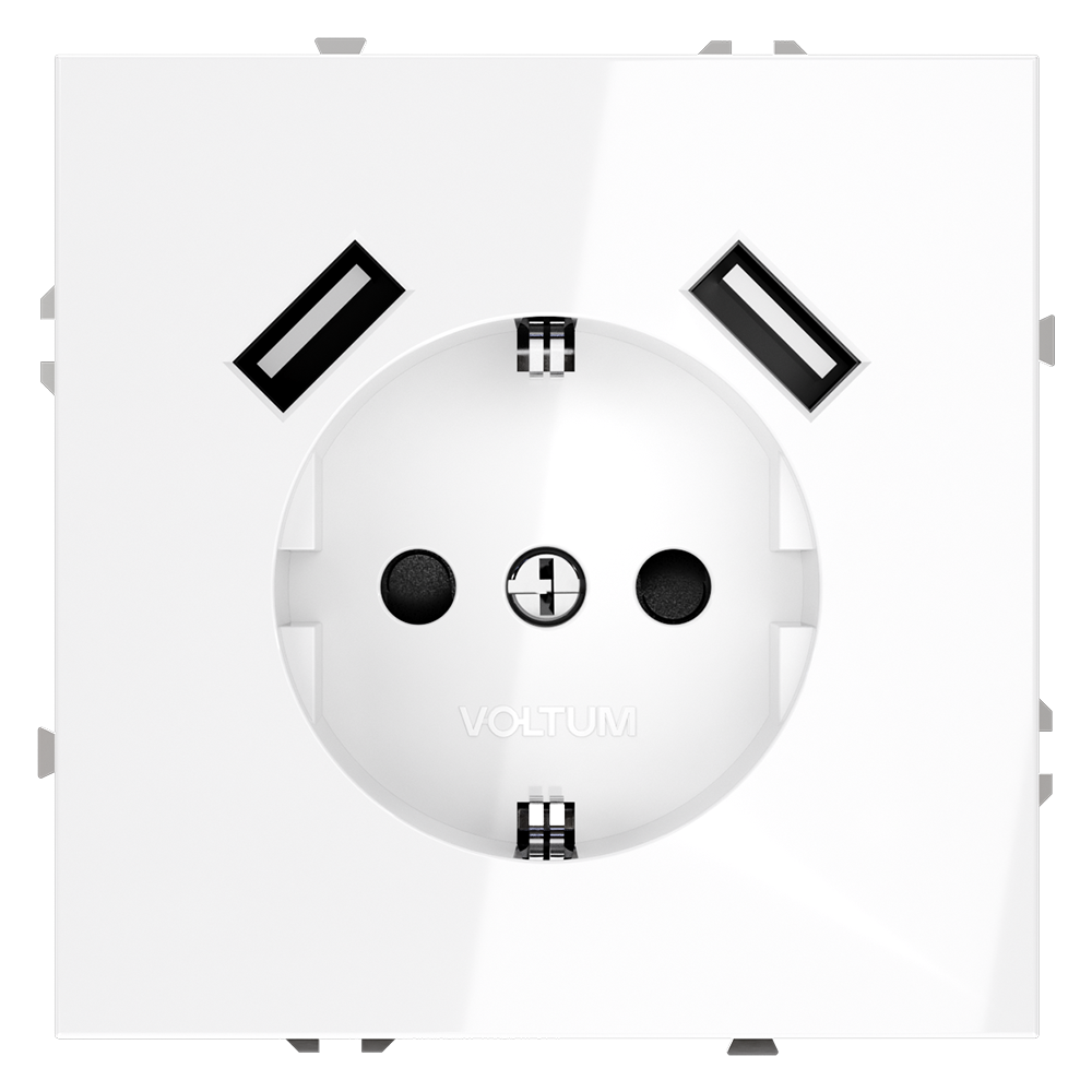 Розетка встраиваемая VOLTUM S70 с заземлением и защитными шторками, с USB, A+A, (белый глянцевый) VLS040401