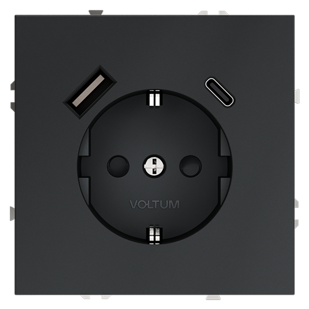 Розетка встраиваемая VOLTUM S70 с заземлением и защитными шторками, с USB, A+С, (графит) VLS040507