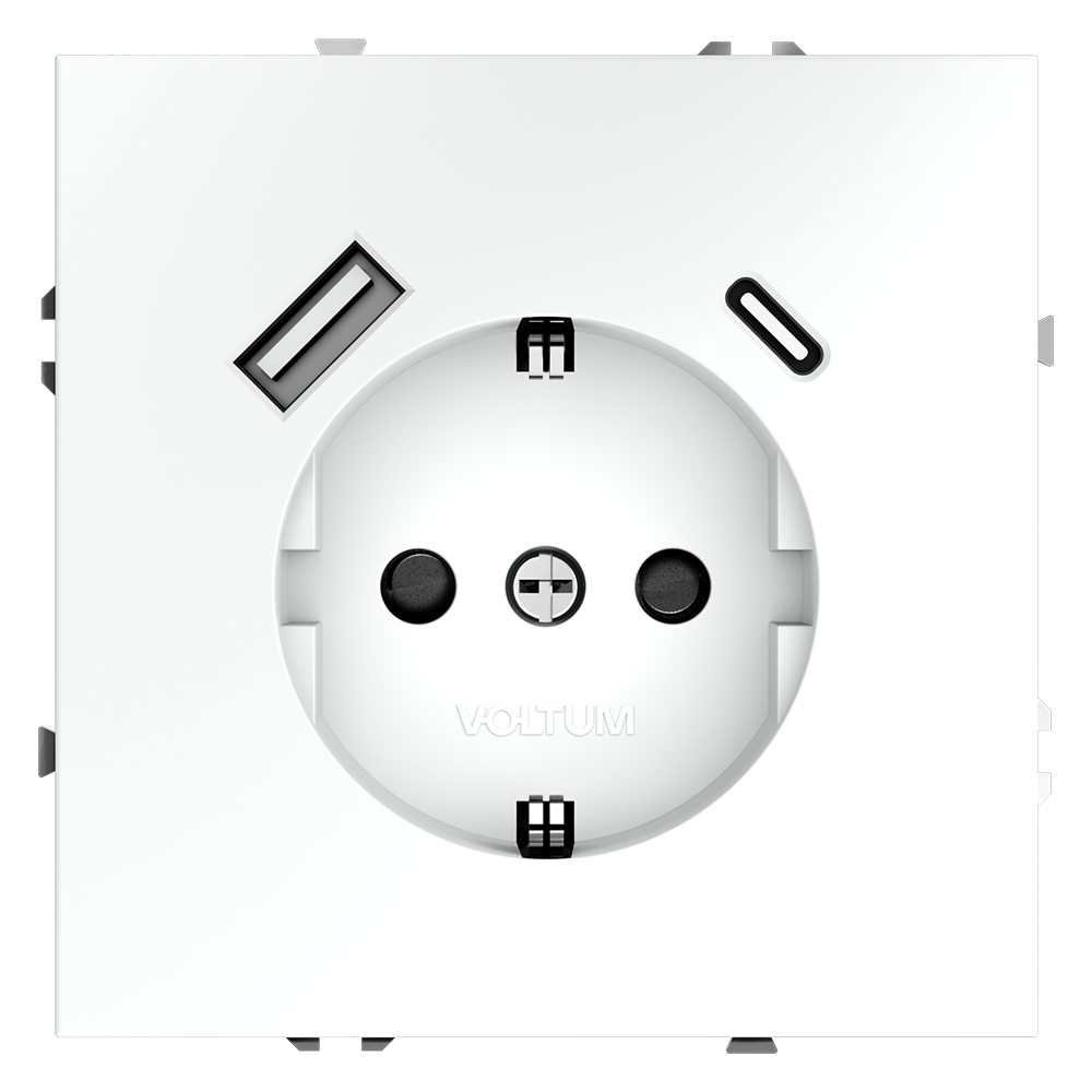 Розетка встраиваемая VOLTUM S70 с заземлением и защитными шторками, с USB, A+С, (белый матовый) VLS040502