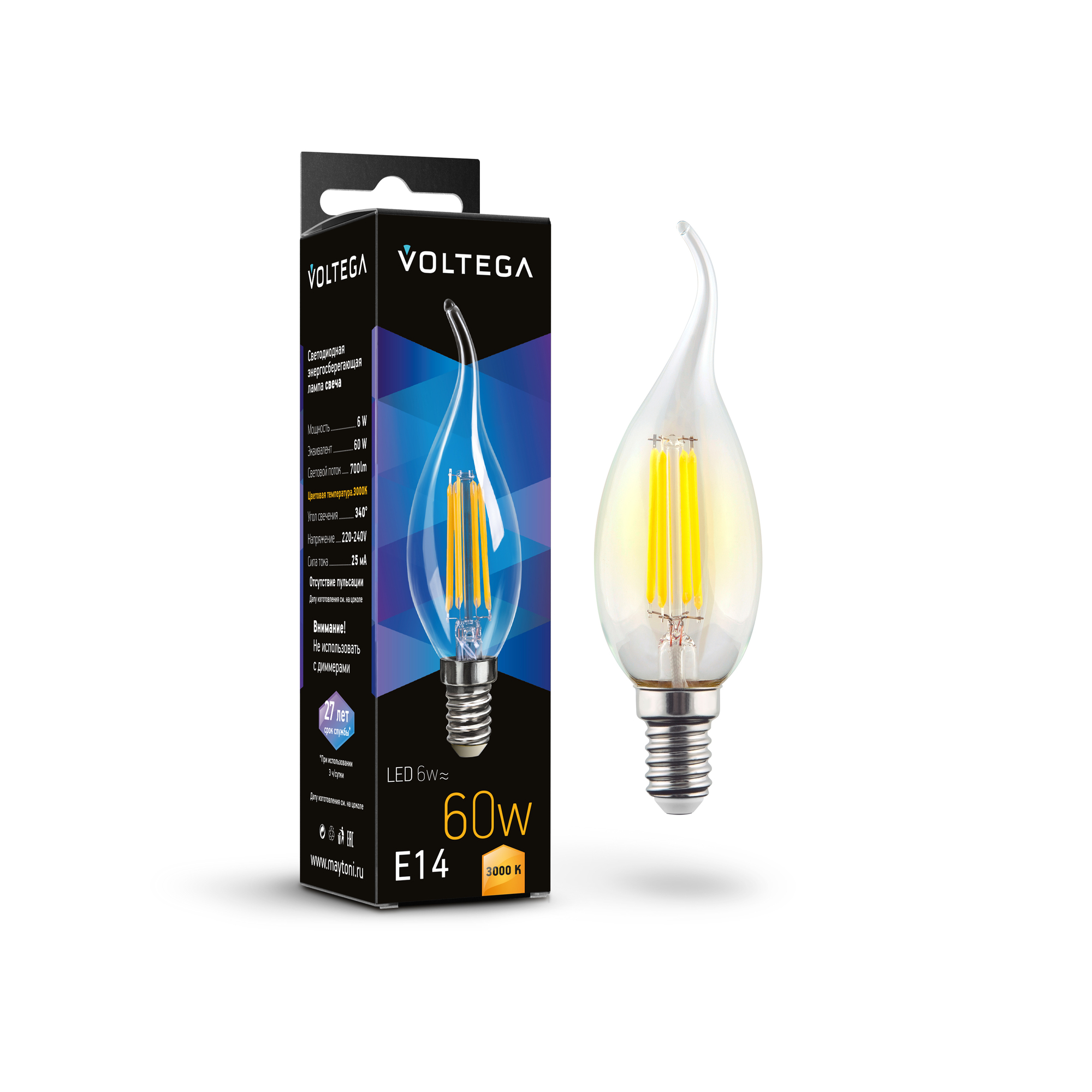 Светодиодная лампа 6W 3000K E14 Voltega Crystal Candle wind 7209