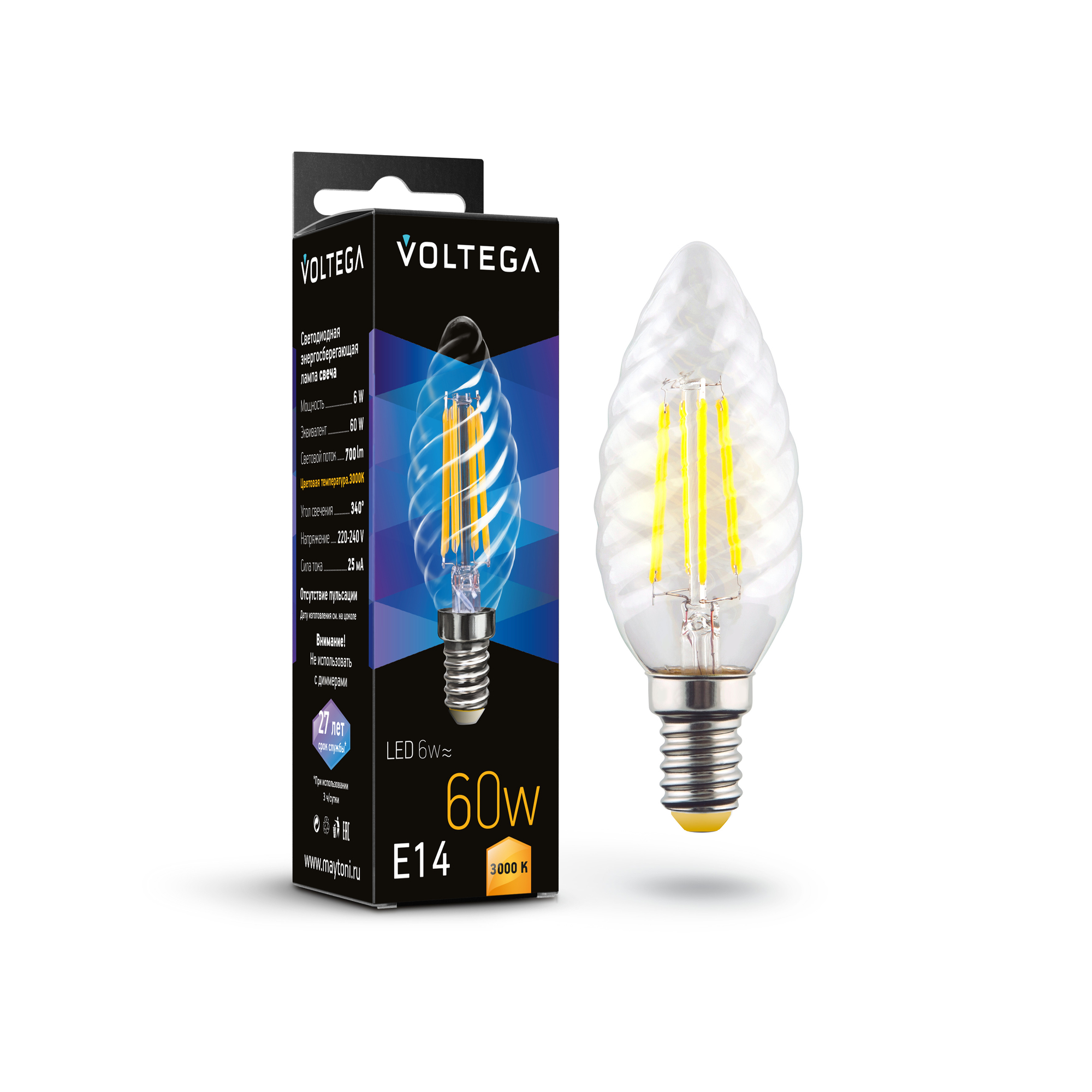 Светодиодная лампа 6W 3000K E14 Voltega Crystal Candle corn 7211