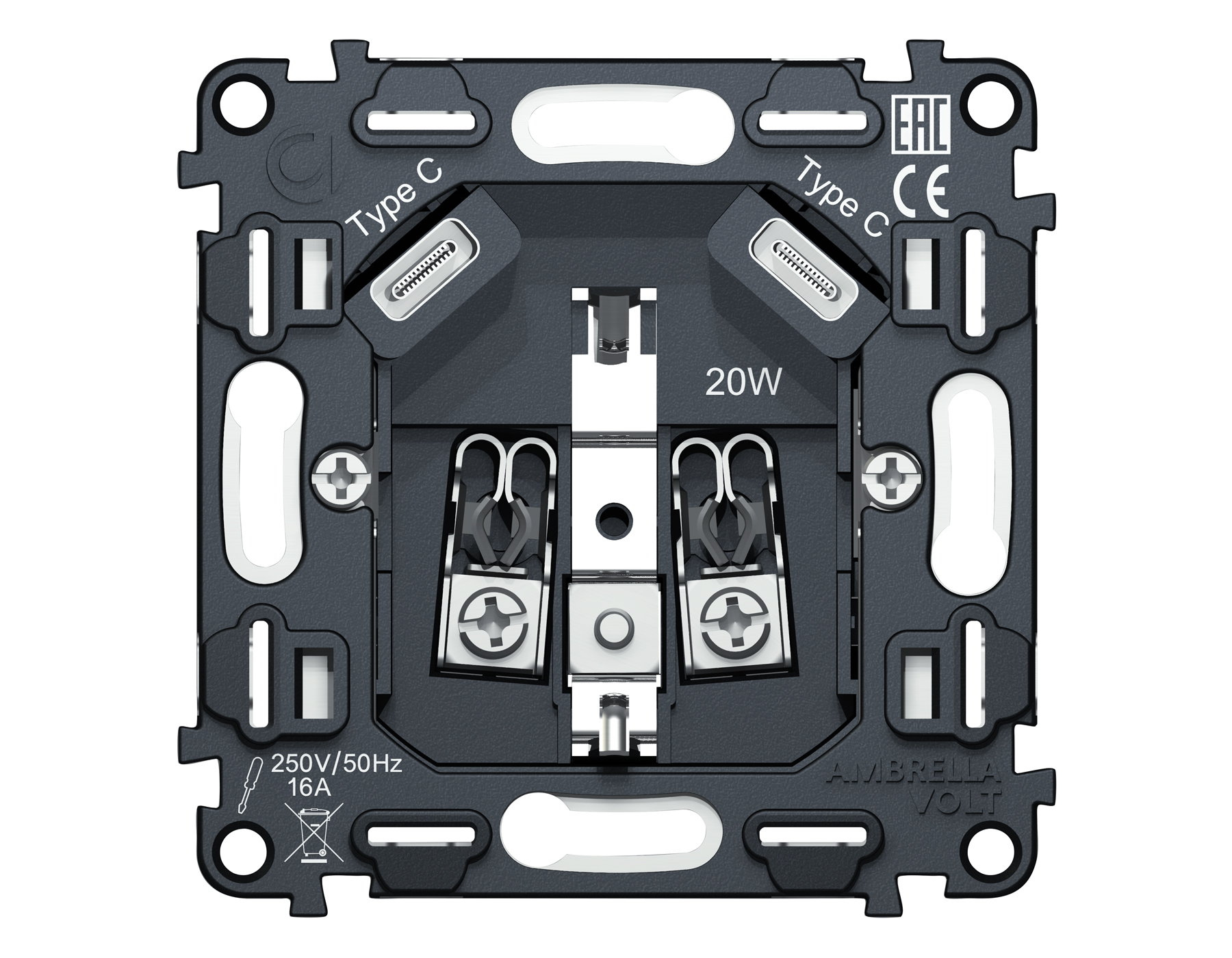 Механизм электрической розетки 2USB С+C 20W быстрая зарядка с заземлением на винтовых зажимах 16A-250V VM VM165