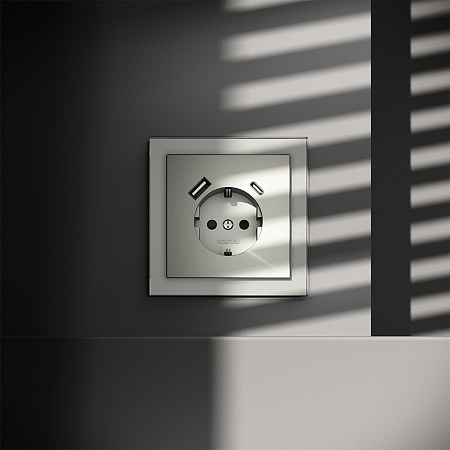 Розетка встраиваемая VOLTUM S70 с заземлением и защитными шторками, с USB, A+С, (сталь) VLS040505