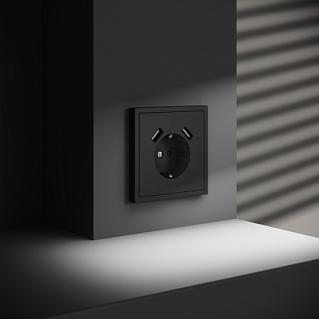 Розетка встраиваемая VOLTUM S70 с заземлением и защитными шторками, с USB, A+A, (черный матовый VLS040408