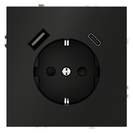 Розетка встраиваемая VOLTUM S70 с заземлением и защитными шторками, с USB, A+С, (черный матовый) VLS040508