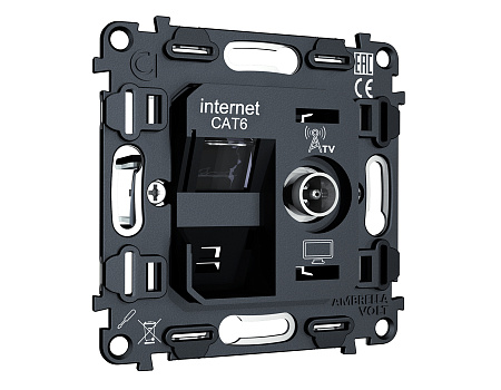 Механизм розетки компьютерной + TV оконечной RJ-45 (8P8C) CAT6 1000 Base-T/50-870 MHz 1dB с автоматической защитной шторкой VM VM195