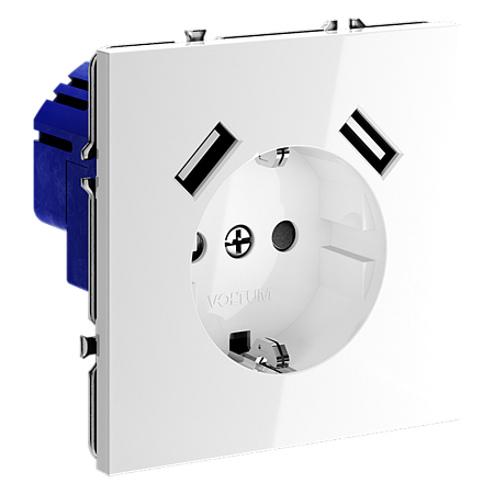 Розетка встраиваемая VOLTUM S70 с заземлением и защитными шторками, с USB, A+A, (белый глянцевый) VLS040401
