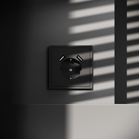 Розетка встраиваемая VOLTUM S70 с заземлением и защитными шторками, с USB, A+A, (черный матовый VLS040408