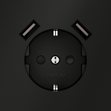 Розетка встраиваемая VOLTUM S70 с заземлением и защитными шторками, с USB, A+A, (черный матовый VLS040408