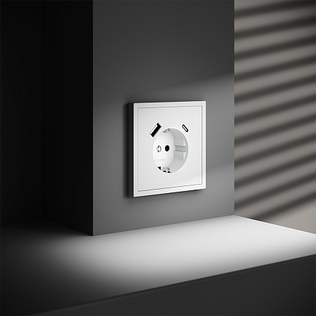 Розетка встраиваемая VOLTUM S70 с заземлением и защитными шторками, с USB, A+С, (белый матовый) VLS040502