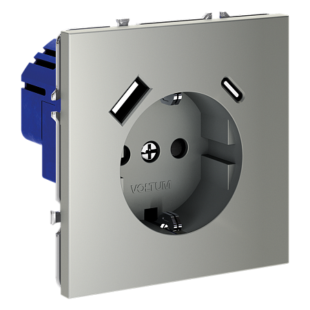 Розетка встраиваемая VOLTUM S70 с заземлением и защитными шторками, с USB, A+С, (сталь) VLS040505