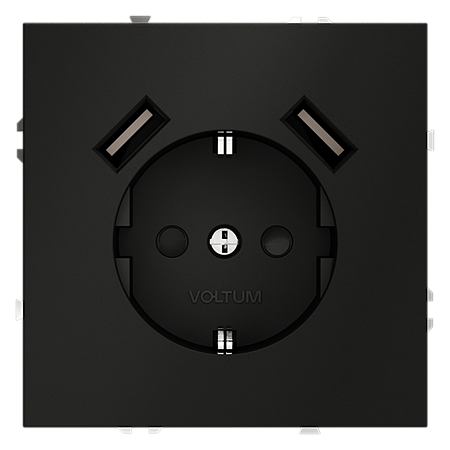 Розетка встраиваемая VOLTUM S70 с заземлением и защитными шторками, с USB, A+A, (черный матовый VLS040408