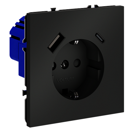 Розетка встраиваемая VOLTUM S70 с заземлением и защитными шторками, с USB, A+С, (черный матовый) VLS040508
