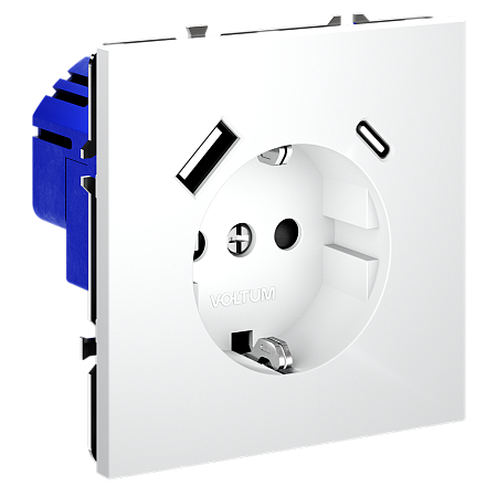 Розетка встраиваемая VOLTUM S70 с заземлением и защитными шторками, с USB, A+С, (белый матовый) VLS040502