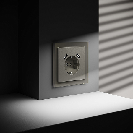 Розетка встраиваемая VOLTUM S70 с заземлением и защитными шторками, с USB, A+A, (шелк) VLS040404