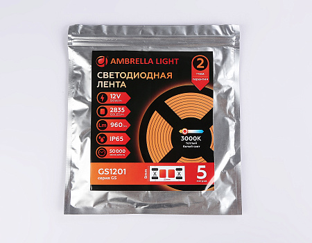 Светодиодная лента GS1201 2835 120Led 9.6W 12V IP65 3000K GS GS1201