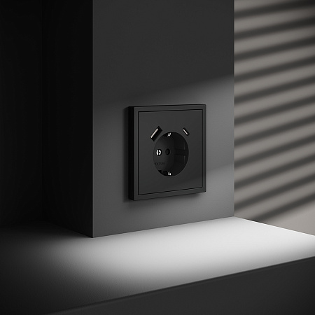 Розетка встраиваемая VOLTUM S70 с заземлением и защитными шторками, с USB, A+С, (черный матовый) VLS040508