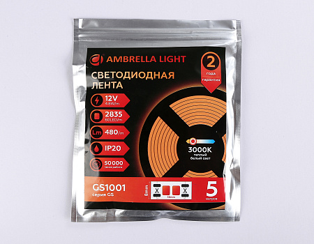 Светодиодная лента GS1001 2835 60Led 4.8W 12V IP20 3000K GS GS1001