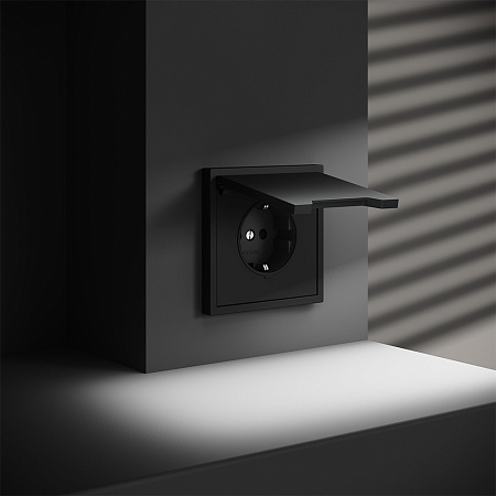 Розетка встраиваемая VOLTUM S70 с заземлением, защитными шторками и крышкой (черный матовый) VLS040308