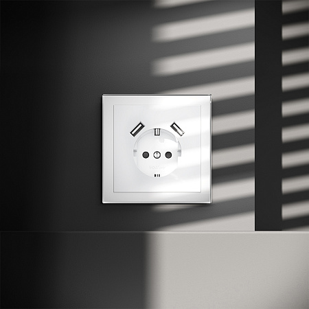 Розетка встраиваемая VOLTUM S70 с заземлением и защитными шторками, с USB, A+A, (белый глянцевый) VLS040401