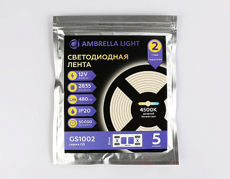 Светодиодная лента GS1002 2835 60Led 4.8W 12V IP20 4500K GS GS1002