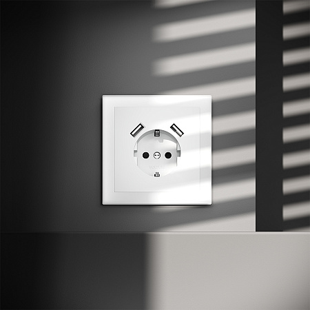 Розетка встраиваемая VOLTUM S70 с заземлением и защитными шторками, с USB, A+A, (белый матовый) VLS040402