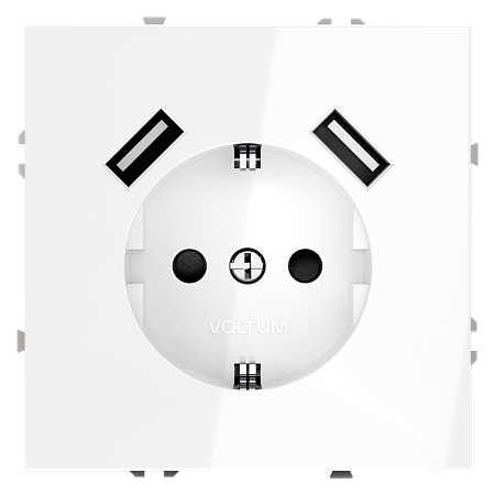 Розетка встраиваемая VOLTUM S70 с заземлением и защитными шторками, с USB, A+A, (белый глянцевый) VLS040401