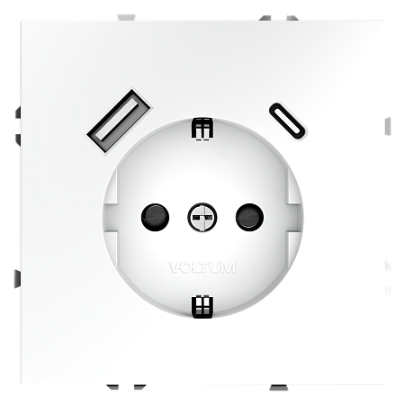Розетка встраиваемая VOLTUM S70 с заземлением и защитными шторками, с USB, A+С, (белый матовый) VLS040502