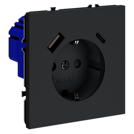Розетка встраиваемая VOLTUM S70 с заземлением и защитными шторками, с USB, A+С, (графит) VLS040507