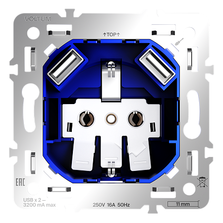 Механизм розетки с заземлением и защитными шторками 16А, с USB A+A Voltum S70 VLS0404M Механизм розетки с заземлением и защитными шторками 16А, с USB A+A Voltum S70 VLS0404M