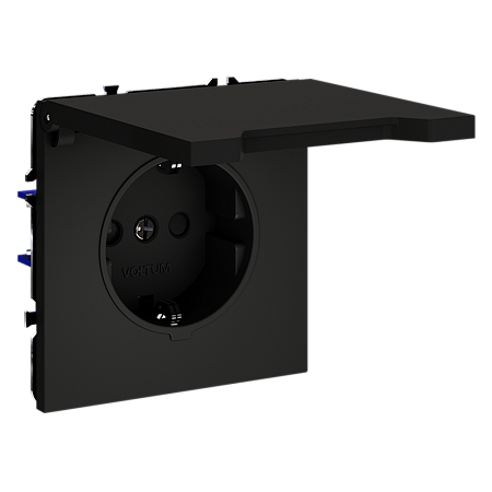 Розетка встраиваемая VOLTUM S70 с заземлением, защитными шторками и крышкой (черный матовый) VLS040308