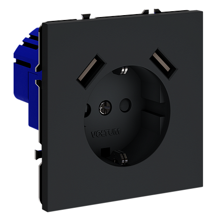 Розетка встраиваемая VOLTUM S70 с заземлением и защитными шторками, с USB, A+A, (графит) VLS040407