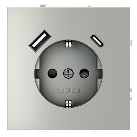Розетка встраиваемая VOLTUM S70 с заземлением и защитными шторками, с USB, A+С, (сталь) VLS040505