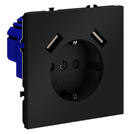 Розетка встраиваемая VOLTUM S70 с заземлением и защитными шторками, с USB, A+A, (черный матовый VLS040408