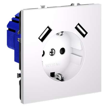 Розетка встраиваемая VOLTUM S70 с заземлением и защитными шторками, с USB, A+A, (белый матовый) VLS040402