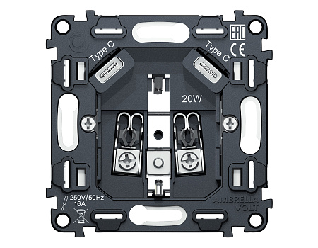 Механизм электрической розетки 2USB С+C 20W быстрая зарядка с заземлением на винтовых зажимах 16A-250V VM VM165